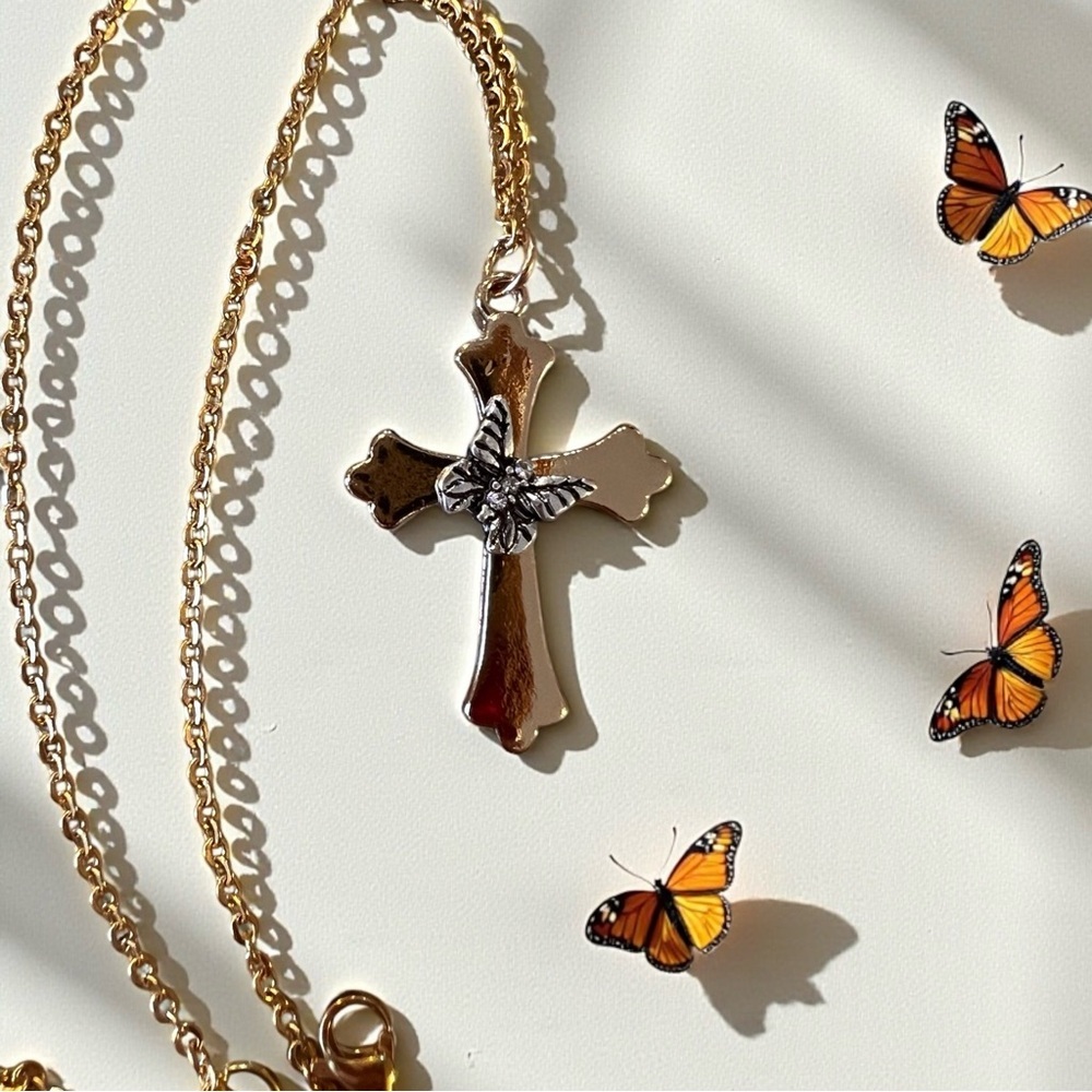 Gold and Silver Toned Cross and Butterfly Pendant Necklace - Picture 5 of 17